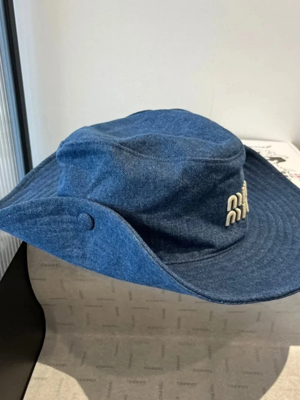 Miu Miu Denim Bucket Hat in Indigo Blue with White Logo